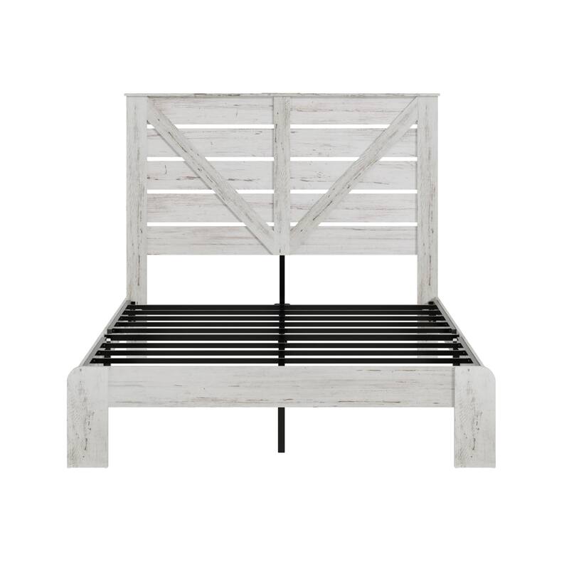Wood Platform Bed with Rustic Headboard Black Metal Frame Support, Solid Wood Slats No Box Spring Needed Large Under-Bed Storage
