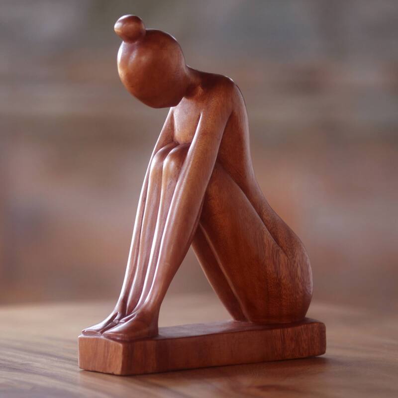 Handmade Shy Girl Wood sculpture (Indonesia) - 36 x 28 x 10