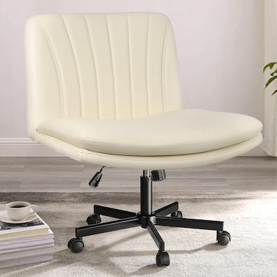 Bossin Criss Cross Chair with Wheels,PU Leather Armless Cross Legged Office chair, Adjustable Wide Seat Task Vanity Chair