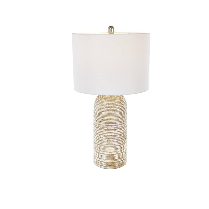 Brown Wood Room Table Lamp with White Drum Shade