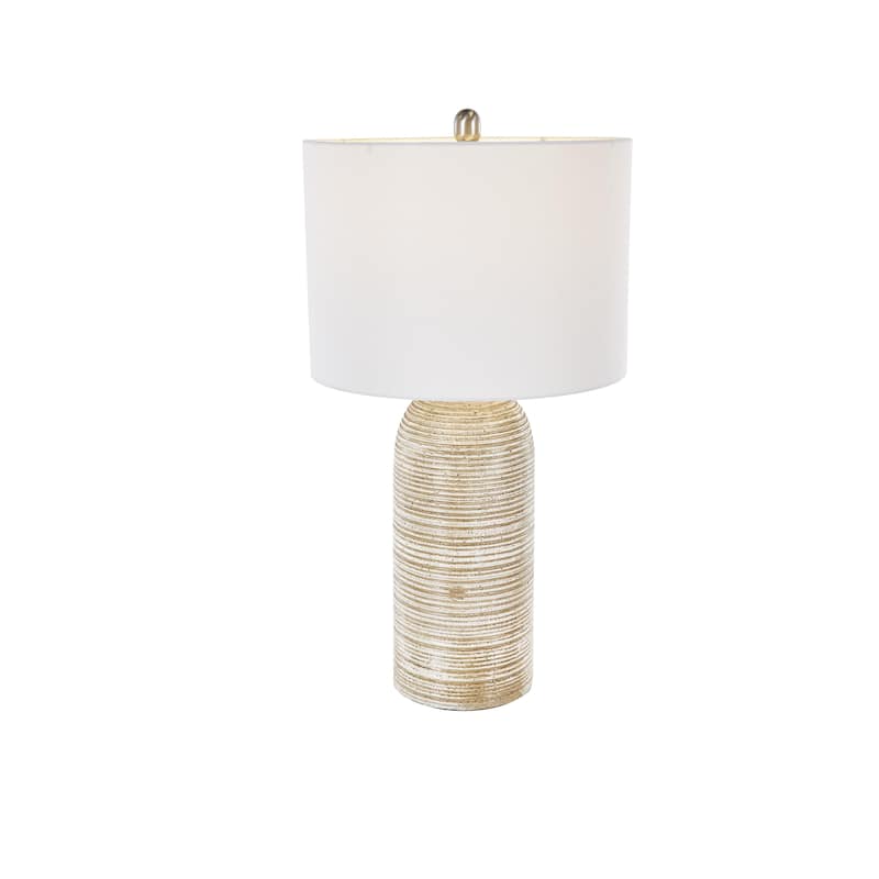 Wood Room Table Lamp with White Drum Shade - Brown - Roche River Decor - Brown