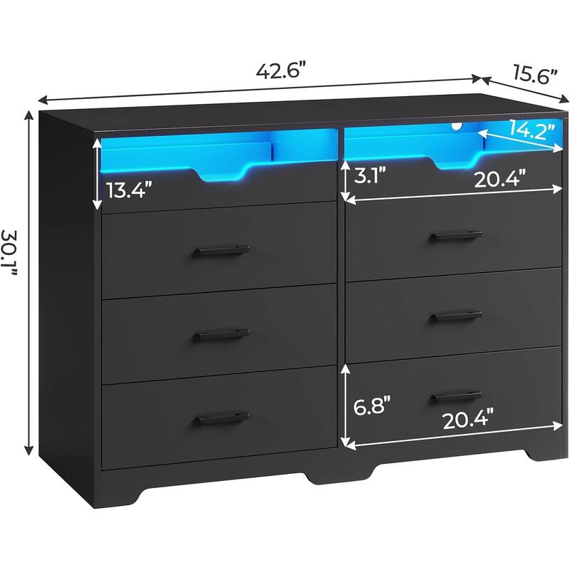 Dresser with LED Lights for Bedroom Double Dresser with 3/6 Drawers