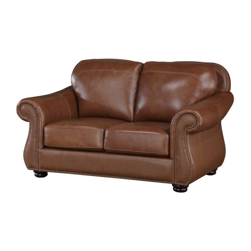 Boro 64 Inch Loveseat, Rich Brown Top Grain and Faux Leather, Solid Wood