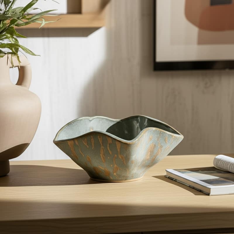 Ceramic Decorative Bowl Wavy Rim Speckled Glaze Capri Finish - 7" Blue - 14" x 7" x 7"