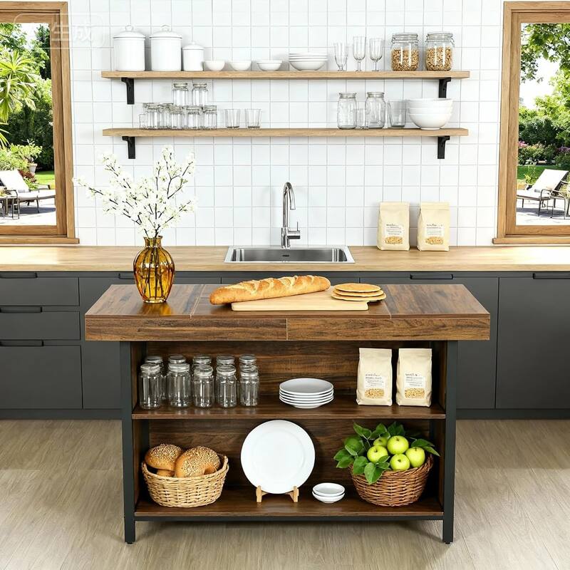 55-inch Large Kitchen Island with Storage, 3-Tier Industrial Bar Table for Kitchen, Dining Room, Brown