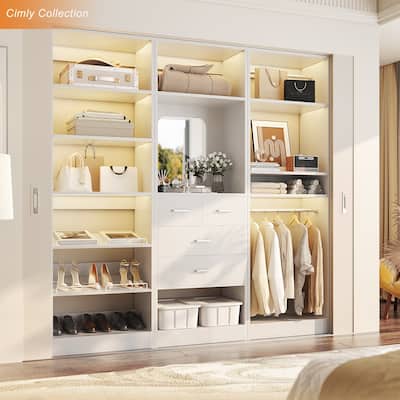 Cimly Set of 3 Freestanding Closet System with Drawers and Shoe Racks, 75'' Closet Organizer with Hanging Rods and Mirror