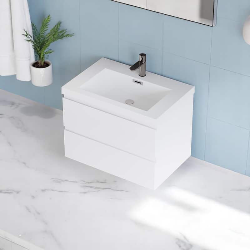 30" Floating Bathroom Vanity with Sink, Modern Wall-Mounted Cabinet, Resin Countertop, Soft Close Drawers