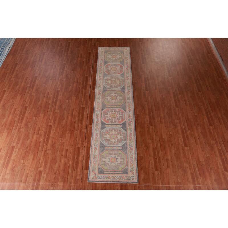 Hand Knotted Oriental 100% Wool Carpet Transitional Geometric Greys & Charcoal Oushak Runner Rug - 13' 0'' X 3' 1''