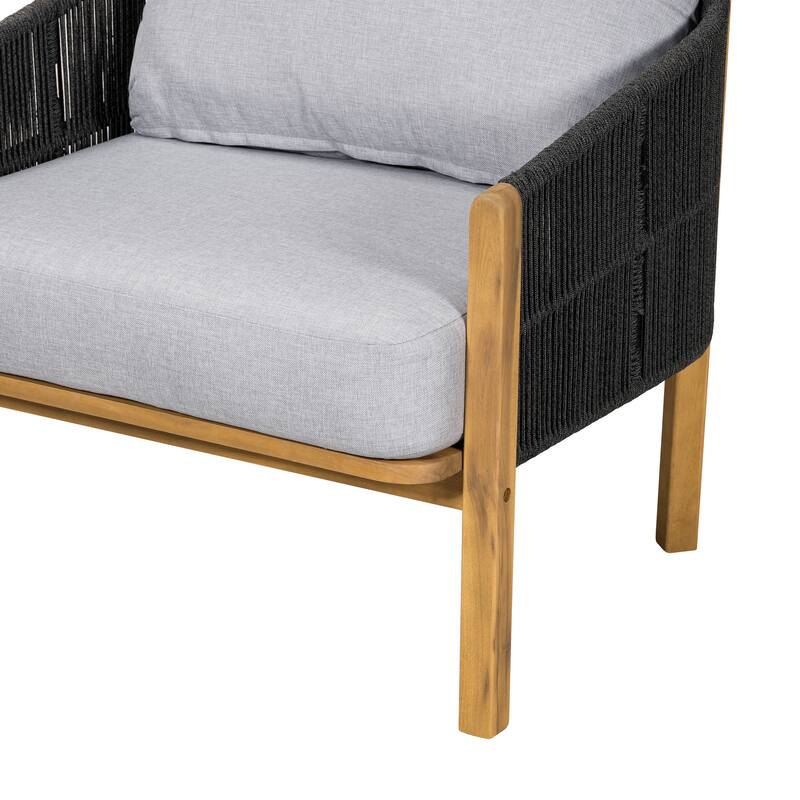 Roomfitters Grotta Outdoor Acacia Wood Club Chair with Rope Woven Back, Teak Finish and Grey
