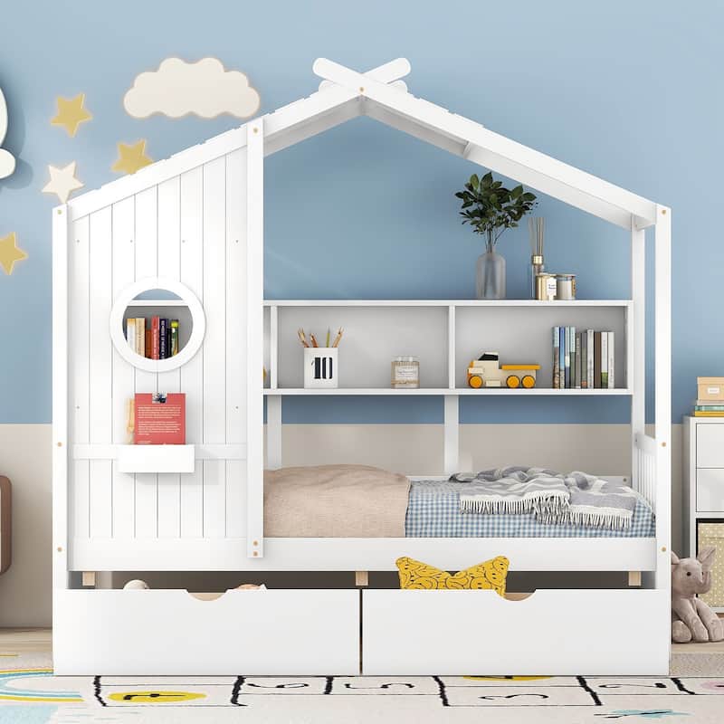 White Kids House Bed with 2 Drawers & Storage Shelf - Cute Design, Spacious Storage, Safe Toddler Bed