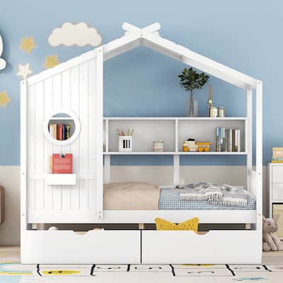 White Kids House Bed with 2 Drawers & Storage Shelf - Cute Design, Spacious Storage, Safe Toddler Bed