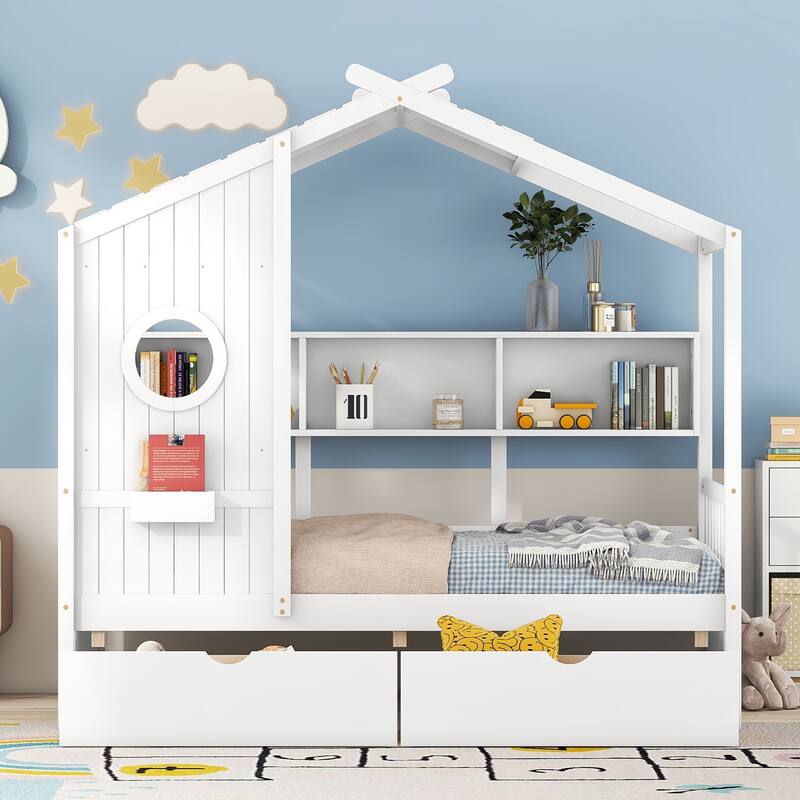 Wooden House Bed for Kids with 2 Drawers and Storage Shelf