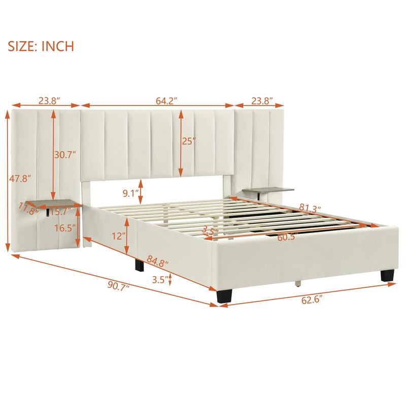 Upholstered Platform Bed with Soft Oversized Headboard and Storage Shelves