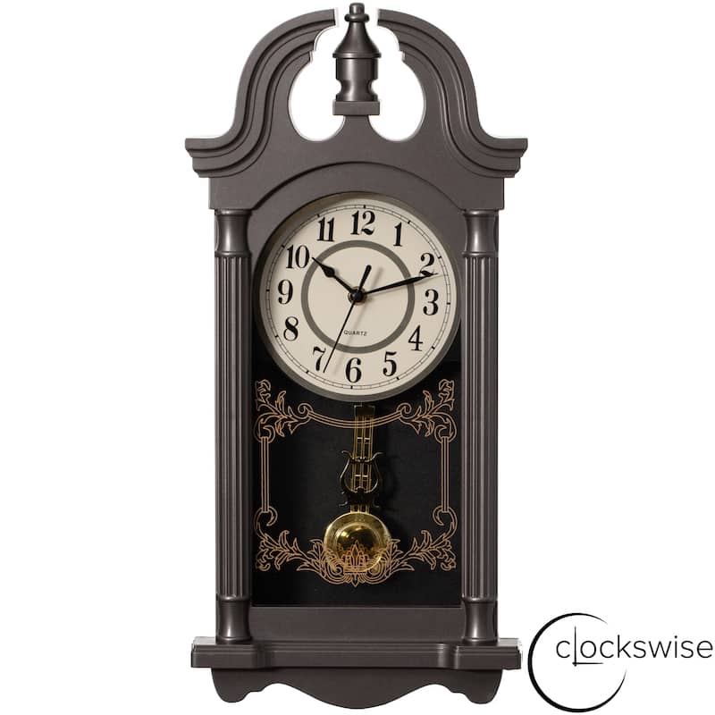 Clockswise Vintage Grandfather Wood-Looking Plastic Pendulum Decorative Battery-Operated Wall Clock Brown, for Home Decor - 20 Inch High - Charcoal