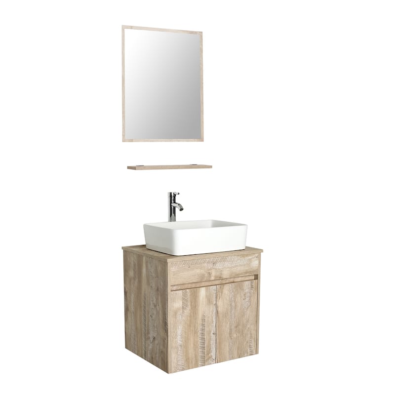 24" Bathroom Vanity Set Tempered Glass/ Ceramics Sink Combo Wall Mounted Natural Cabinet Faucet Drain Mirror