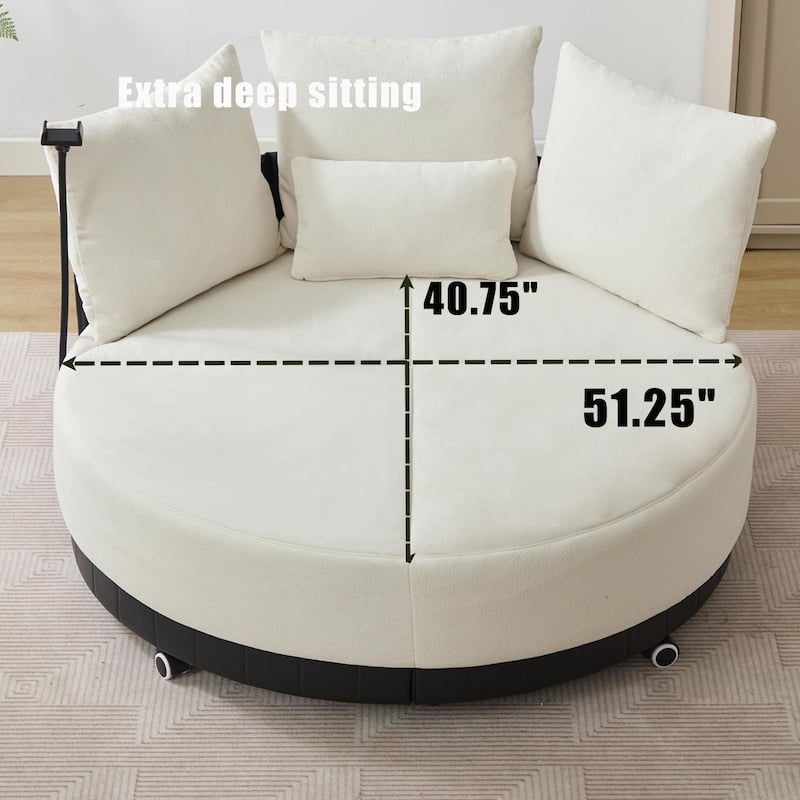 360° Swivel Barrel Chair Round Sofa Chair with Casters and Adjustable Phone Stand, Upholstered in Anti-Wrinkle Polyester Fabric