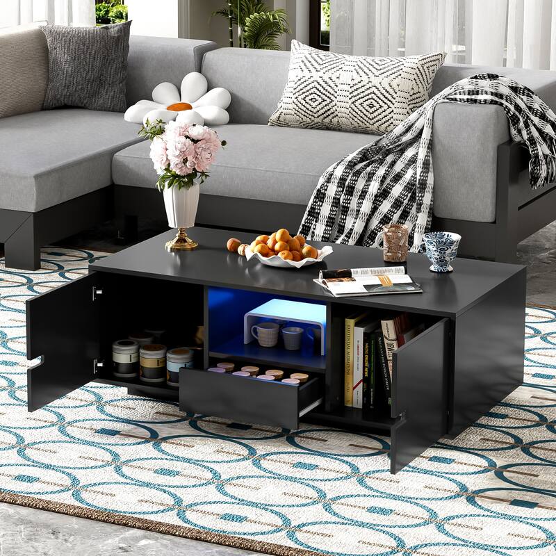 Modern High Glossy Rectangle Coffee Table, Stylish Center Table with Storage Space, Accent Furniture with 16 Color LED Lights