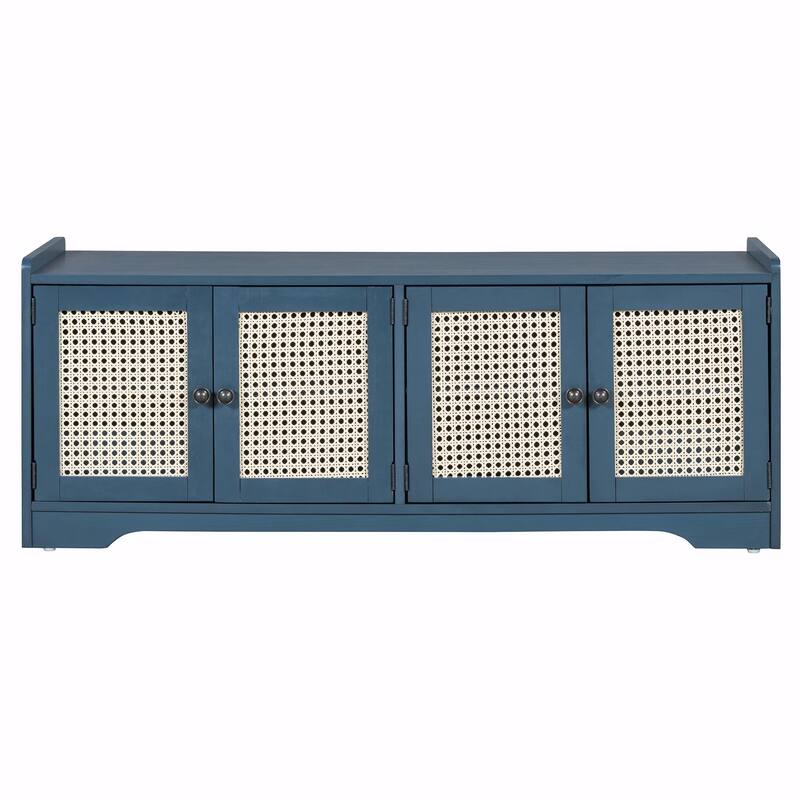 Rustic Storage Bench with Removable Cushion, Woven Rattan Doors & Adjustable Shelves