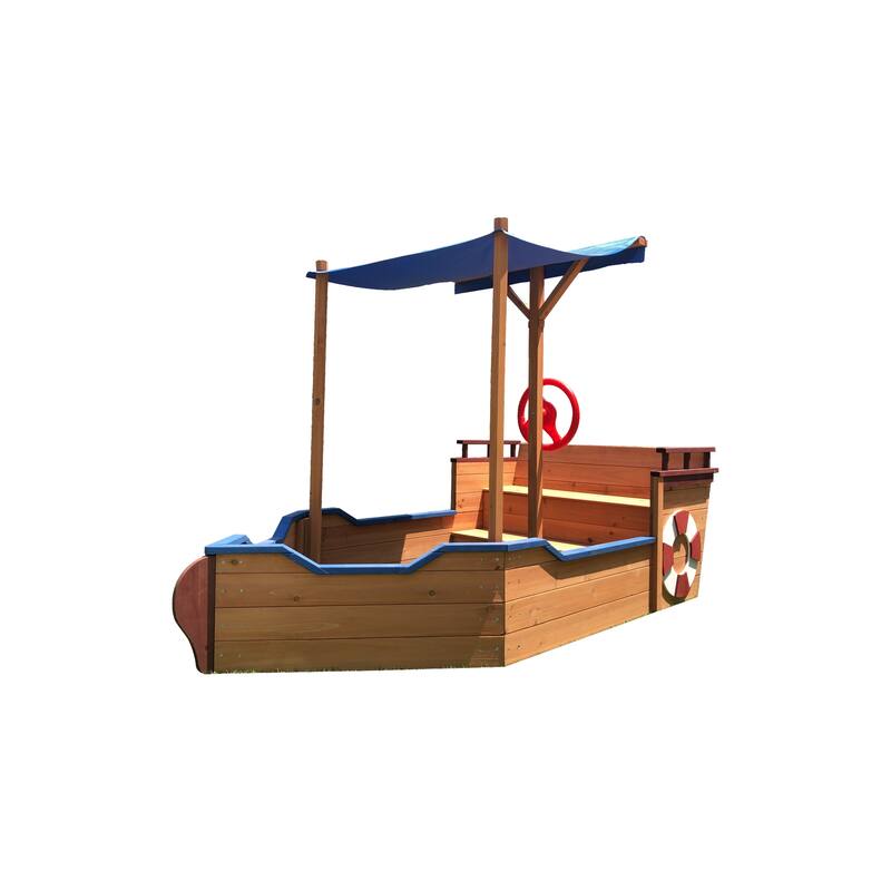 Pirate Ship Sandbox with Cover and Rudder, Wooden Sandbox with Storage Bench and Seat, Outdoor Toy for Kids Ages 3-8 Years Old