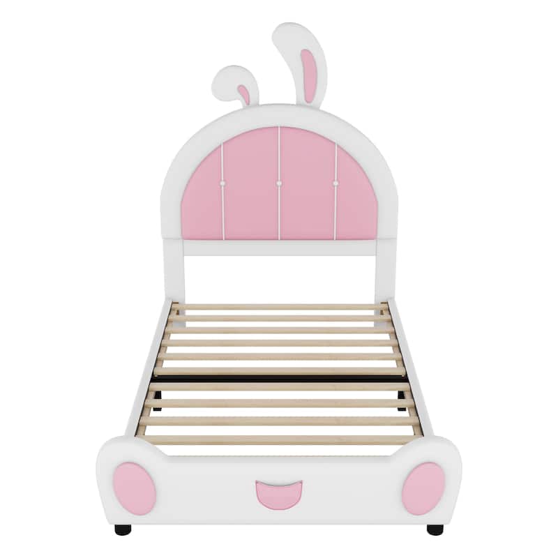 Upholstered Leather Bed Frame, Twin Size Platform Bed with Rabbit Shaped Headboard and Footboard for Bedroom, Study