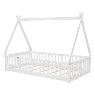 Twin Tent-shaped Floor Bed, Pine Fun Playhouse Bed Frames, With Guardrails, Slats, Door, House Bed Frame With Roof