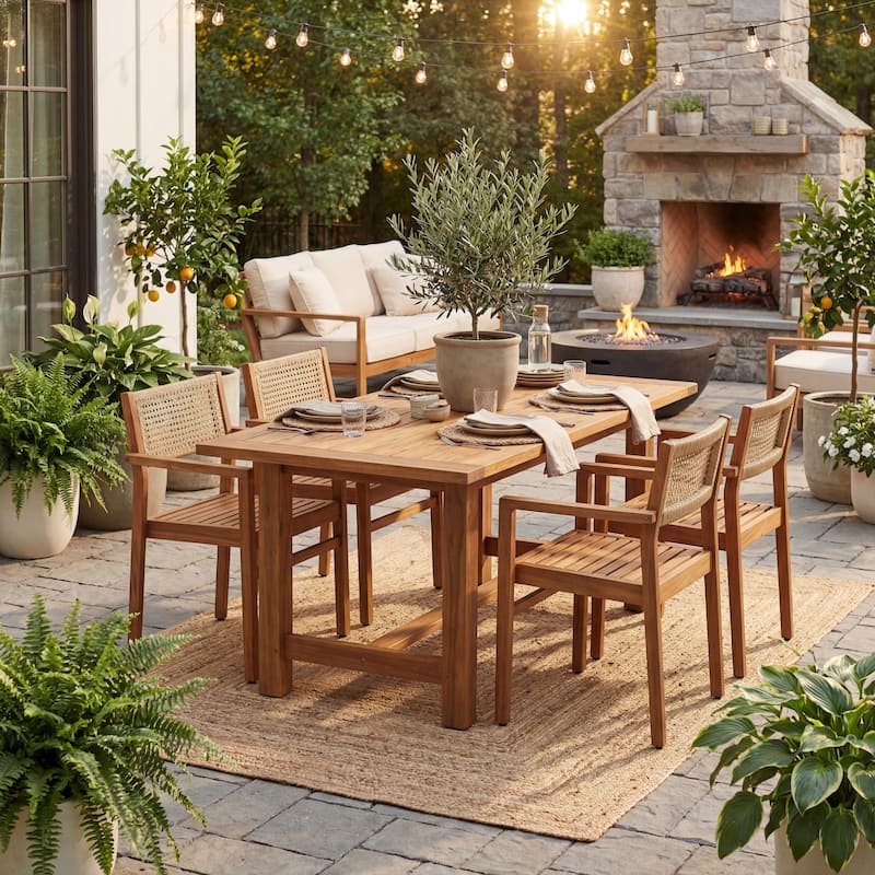 Christopher Knight Home - Modern Outdoor & Indoor Acacia Wood Dining Chairs Set with Wicker Backrest and Armrests