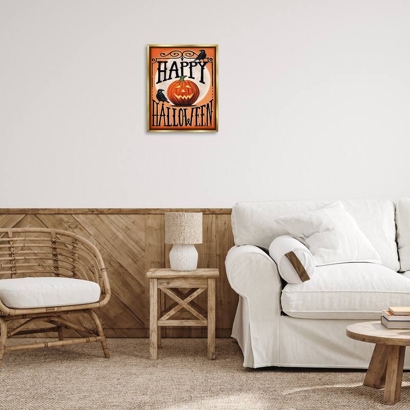 Stupell Happy Halloween with Crows Framed Floater Canvas Wall Art Design By Elizabeth Tyndall