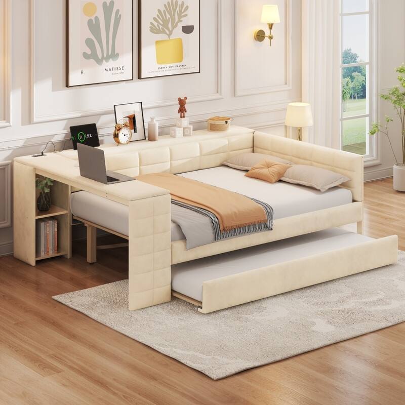 Velvet Full Size Platform Bed with Charging Station and Trundle, Storage Shelves