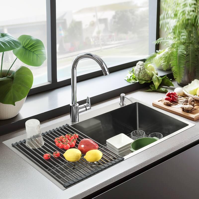 30 in. Drop-In/Undermount Single Bowl 16 Gauge Brushed 304 Stainless Steel Kitchen Sink with Accessories - Gunmetal - Single bowl - 32in