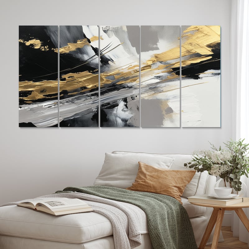 Designart "Golden River Wildness Abstract Gold And Black" Abstract Multipanel Canvas Wall Art set - 60 In. Wide X 28 In. High - 5 Panels Equal Panels