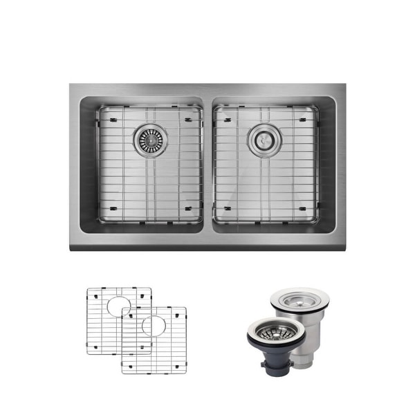 Rene R1-3002 32-3/4" Double Basin Stainless Steel Kitchen Sink - Basin Rack and Basket Strainer Included