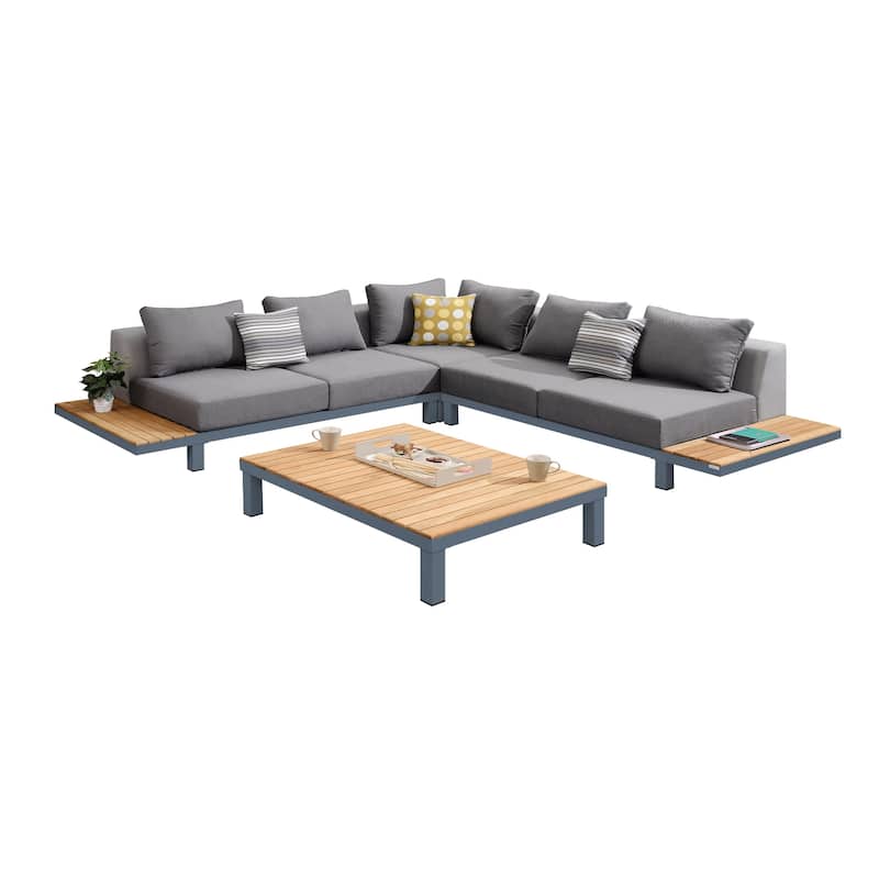 Polo Mid Century Modern Aluminum and Teak 4 Piece Outdoor Patio Sectional Set