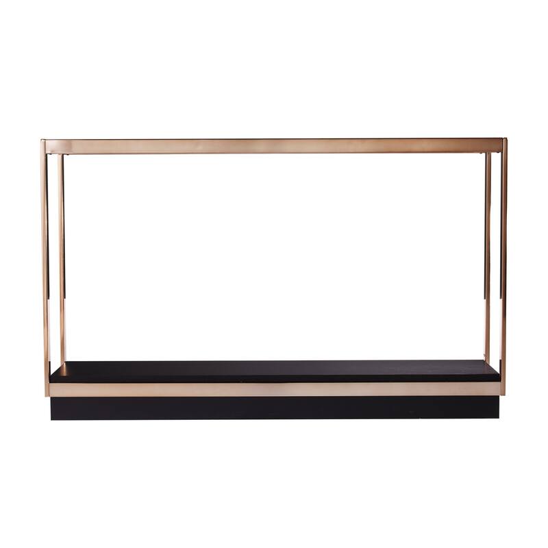 Clear Glass Console Table Black and Champagne Iron Floor Shelf Base - 48.25" L x 14" W x 29.5" H - Black and Champagne