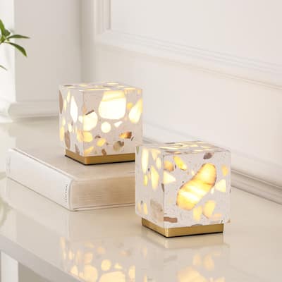 Ara 4.63" Modern Rechargeable/Cordless Integrated LED Mini Table Lamp, Touch Sensor, Ivory/Brass Gold (Set of 2), by JONATHAN Y