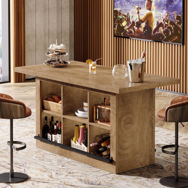 62.6" Rectangular Home Bar Table with 6 Spacious Cubbies - Rustic Brown