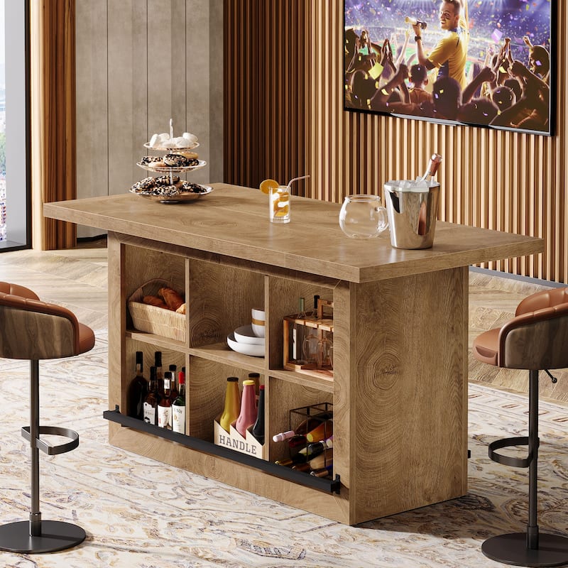 Counter Height Bar Table with Storage, Home Bar Cabinet Unit, Large Pub Table Kitchen Dining Room Accent Bar Console