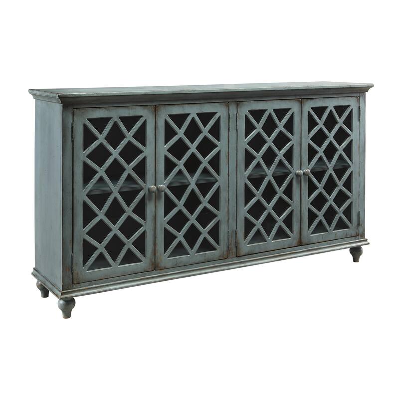 Lattice Design 4 Door Cabinet with Glass Inserts and Bun Feet, Teal Blue