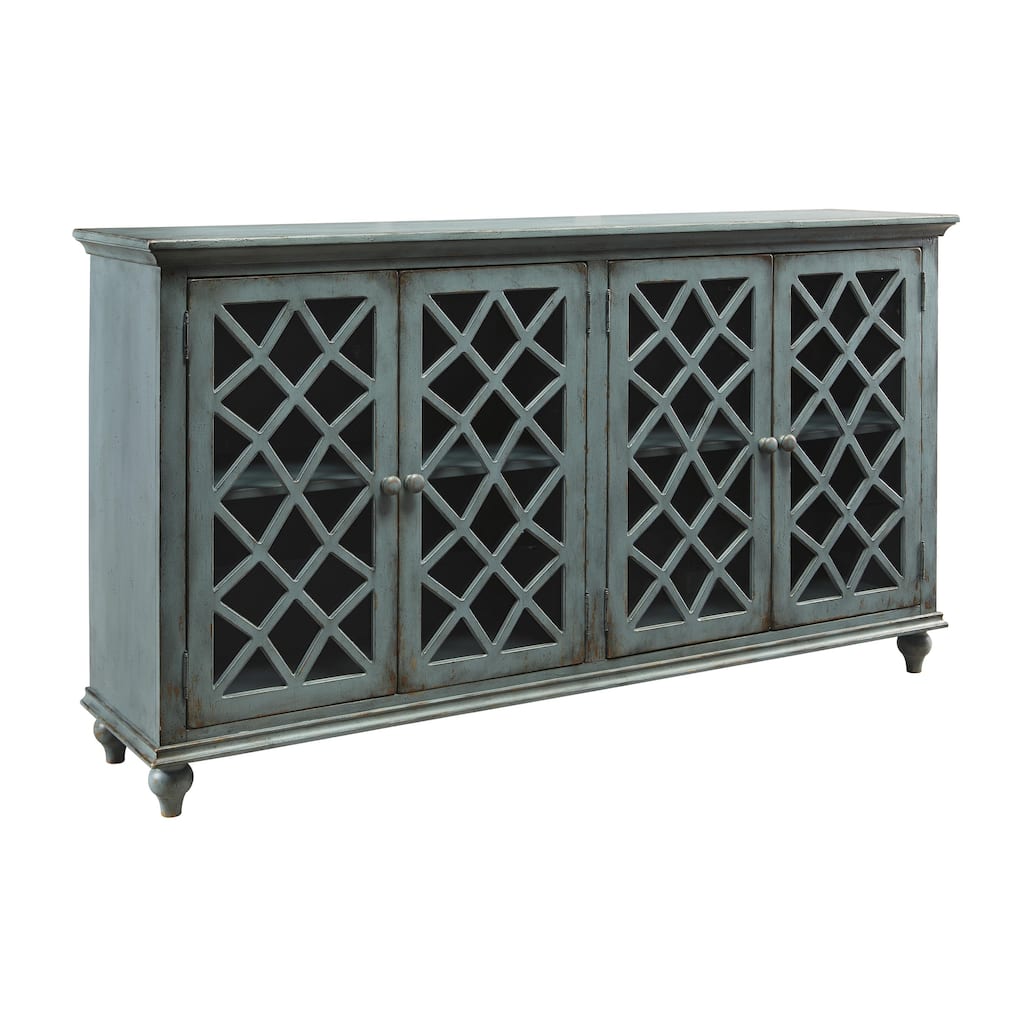 Lattice Design 4 Door Cabinet with Glass Inserts and Bun Feet, Teal Blue