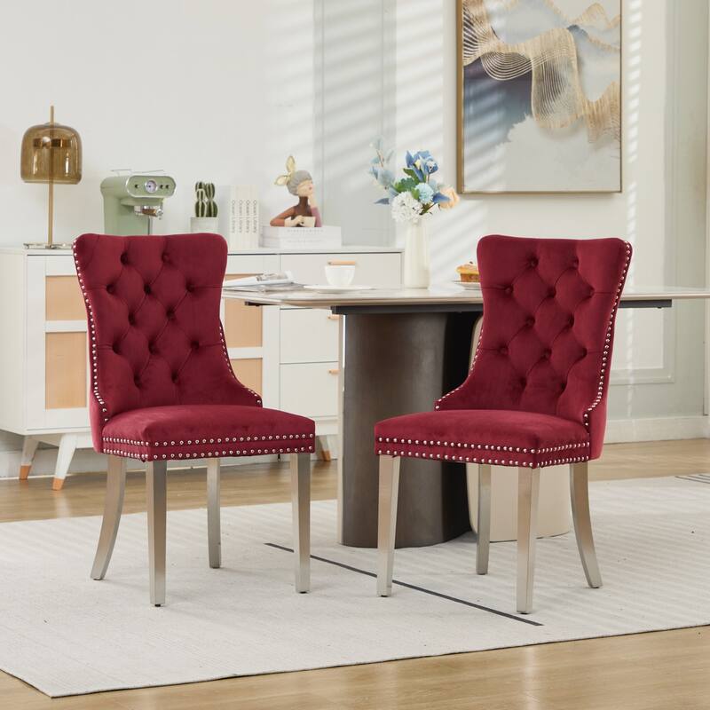 Velvet Dining Chairs Set of 2, Button Tufted Upholstered Dining Chair, Kitchen Chairs with Nailhead Trim & Stainless Steel Legs