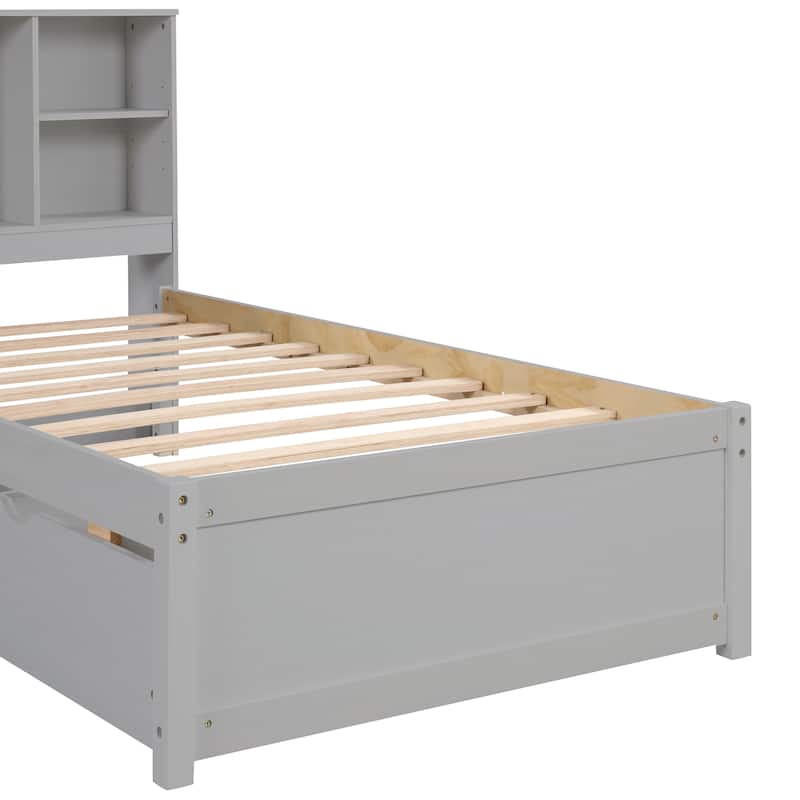 Grey Modern Twin Size Bed with USB Port and Bookcase Headboard