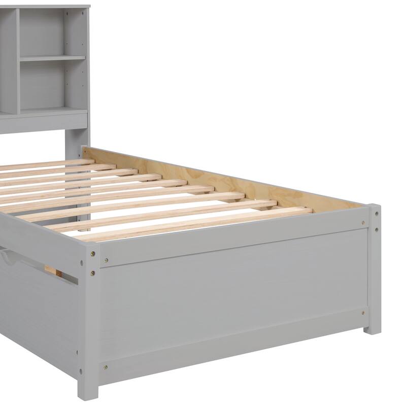 Modern Twin Size Bed Frame with USB Port, Bookcase Headboard, and 2 Drawers in Grey