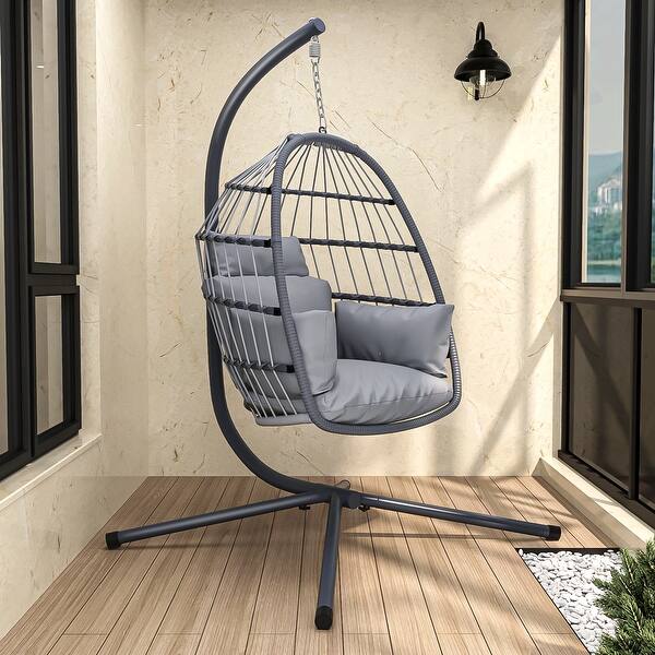 slide 2 of 10, Foldable Hanging Swing Chair with Stand - Indoor/Outdoor, Space-Saving Design, Comfortable Puffy Cushion