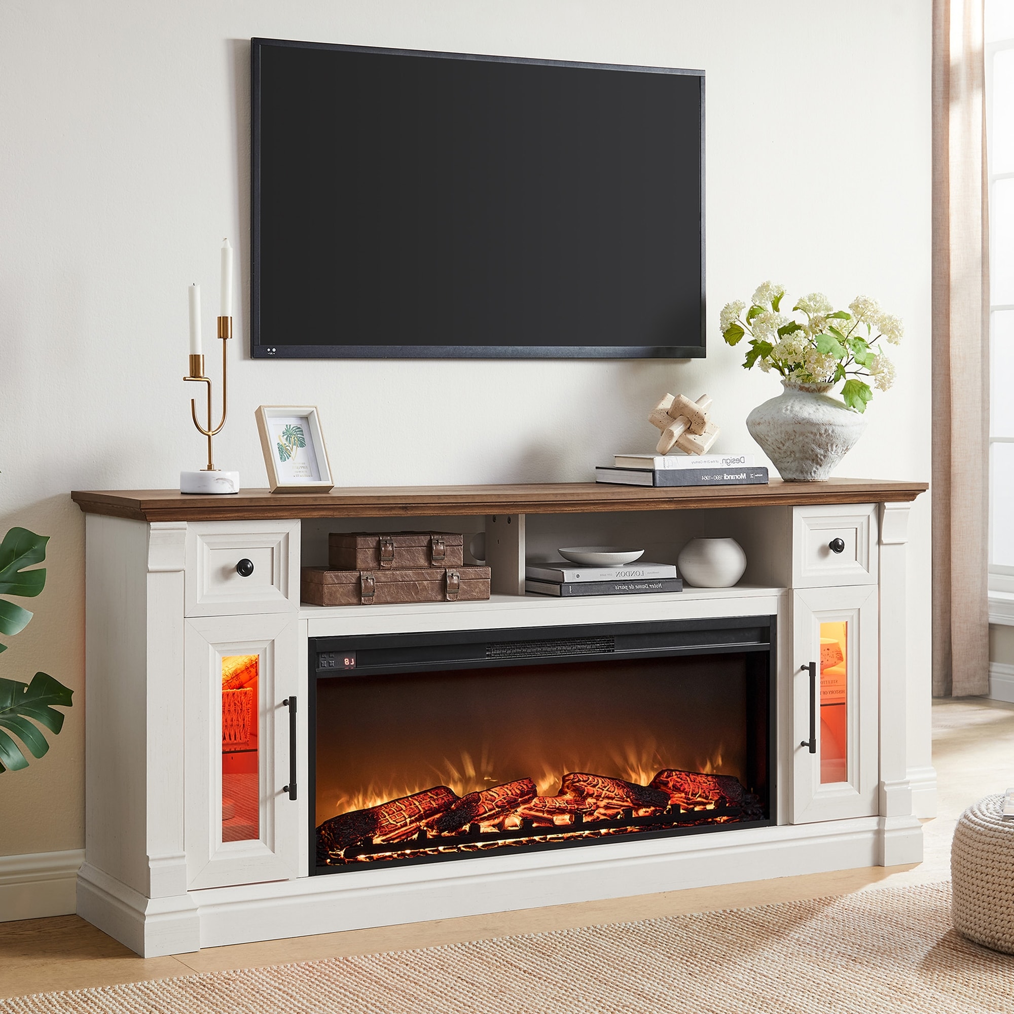 Farmhouse Fireplace TV Stand for 80 Inch TV, Entertainment Center