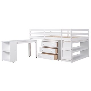 Full Loft Bed with Desk and Storage, Pine Wood Frame for Saving Space