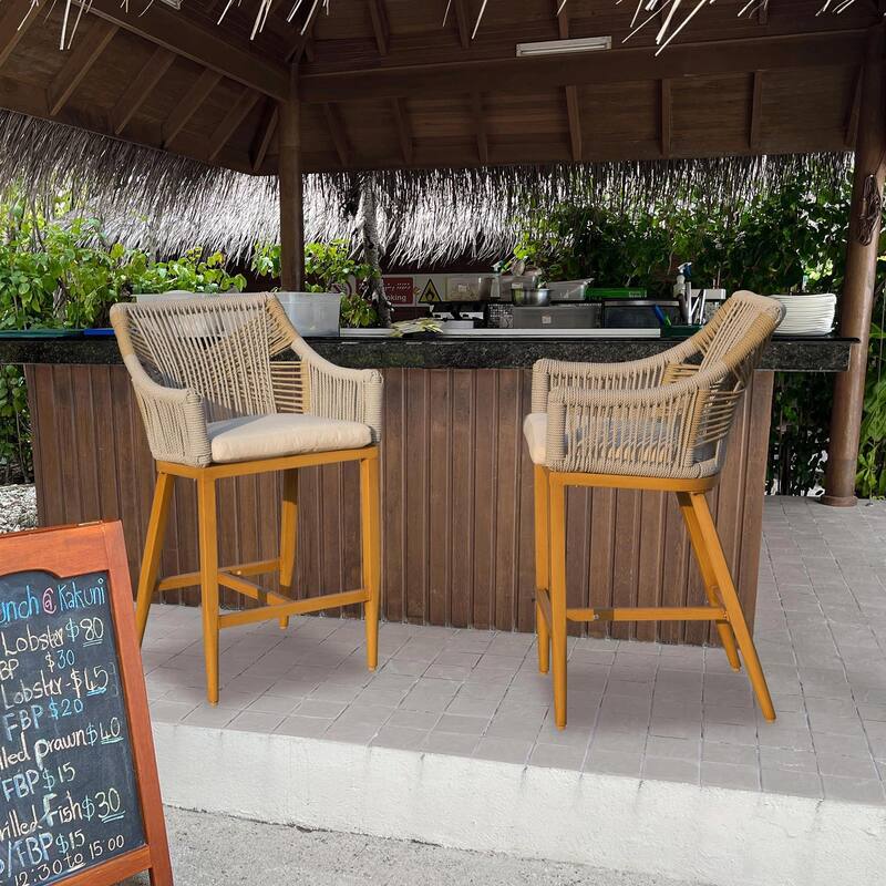 Set of 2 Outdoor Counter Height Bar Stools with Armrest, Backrest, and Cushions