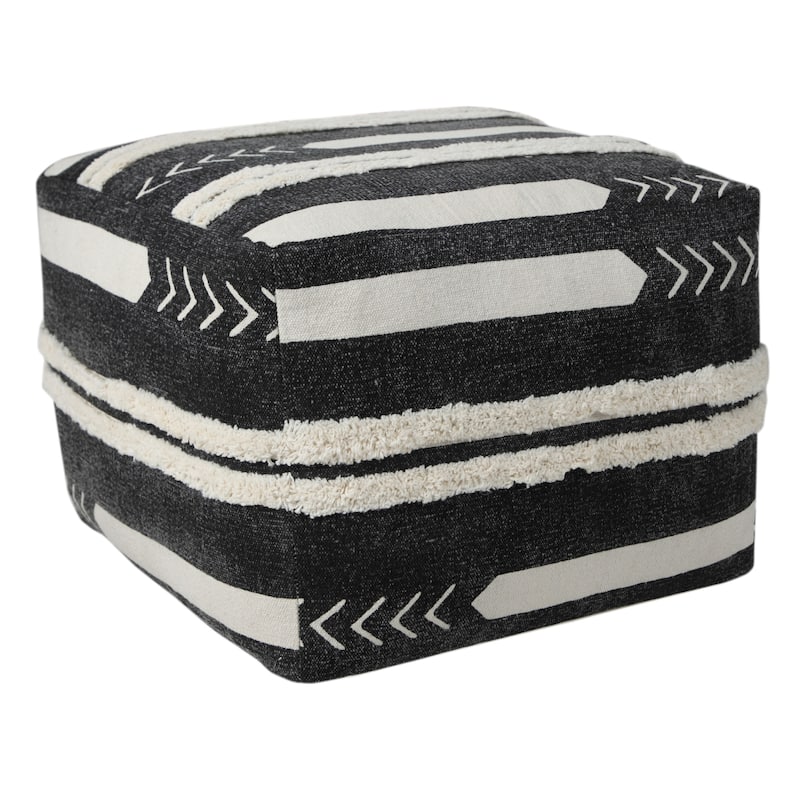 Modern 18 Inch Black Cotton Pouf Ottoman with Geometric Design
