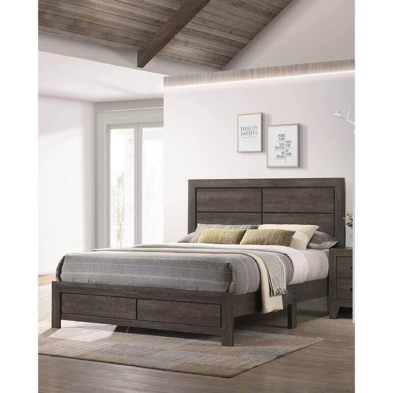 Queen Size Wood Platform Bed with Clean-Lined Headboard and Rustic Wood Grain Finish