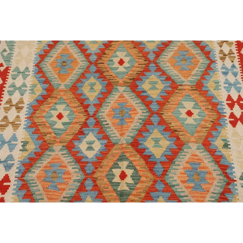 Geometric Multi-Color Kilim Oriental Rug Flatweave Wool Carpet - 5'0"x 6'6"