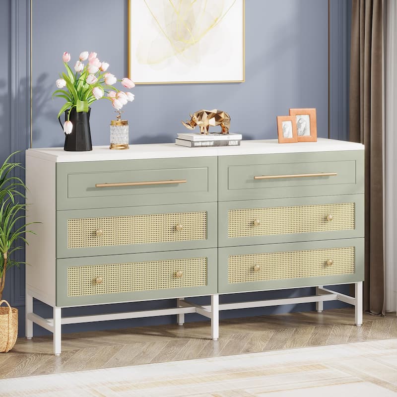 Modern Rattan Dresser 6 Drawer Dressers Chests of Drawers for Bedroom