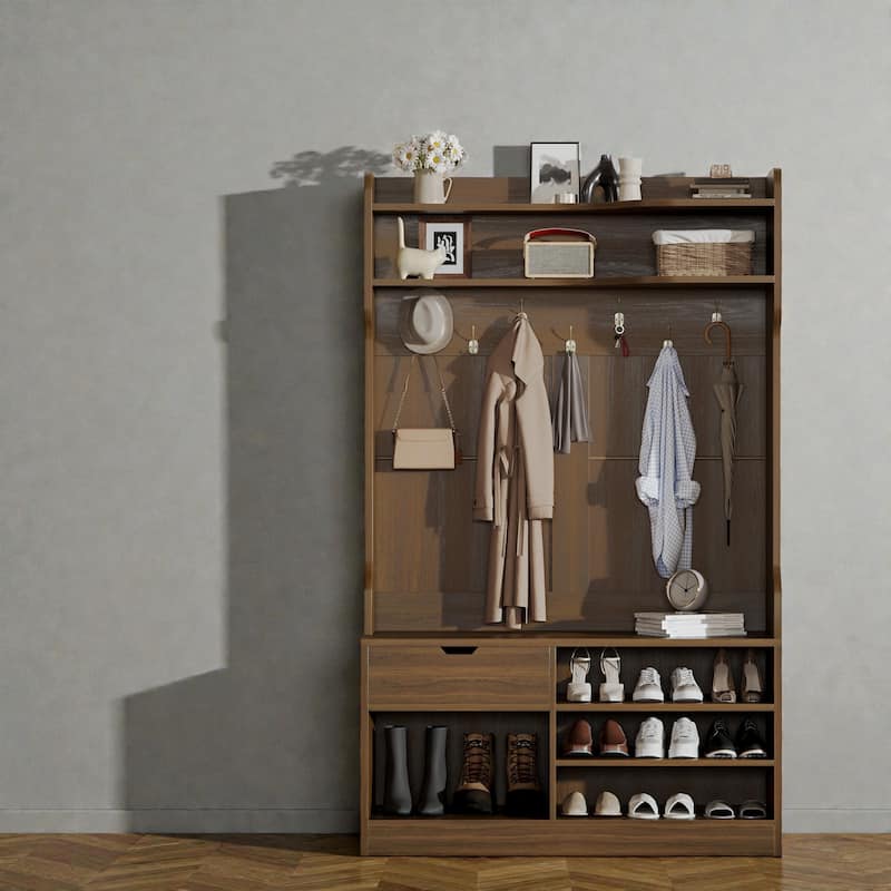 Hall Tree with Bench and Shoe Storage, 5 in 1 Entryway Organizer with Flip Shoe Cabinet, Hooks and Drawer